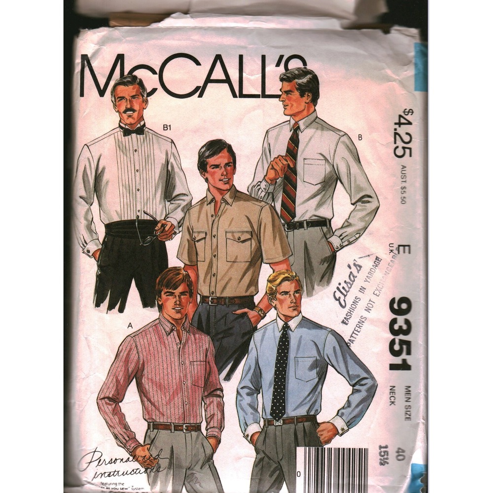 Vintage 1984 McCalls 9351 Mens Shirt Pattern Tuxedo Classic Button Down Size 40
